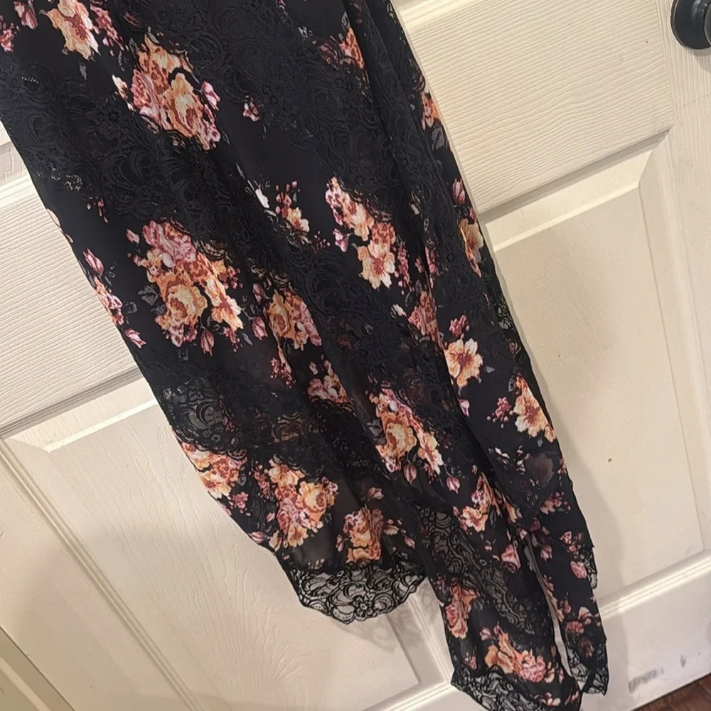 Free People black floral asymmetrical midi dress, size 2